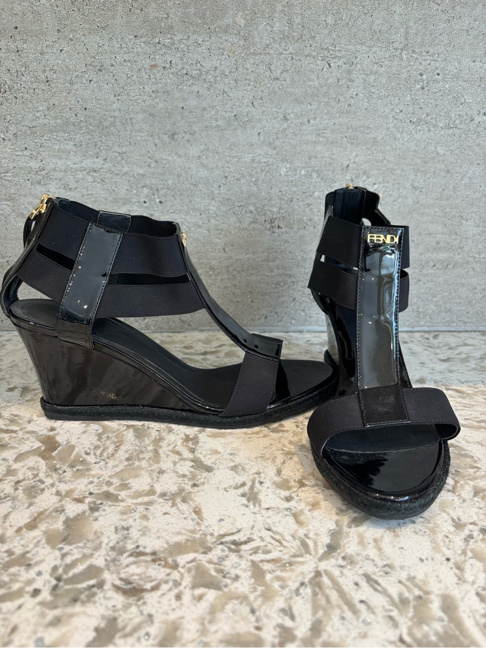 Fendi Black Patent and Elastic Wedge Sandals